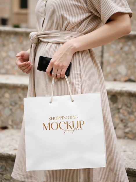 PSD Elegante Frau mit weißer Einkaufstasche Mockup Set