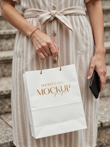 PSD Mujer elegante con bolsa de compras blanca Conjunto de maquetas