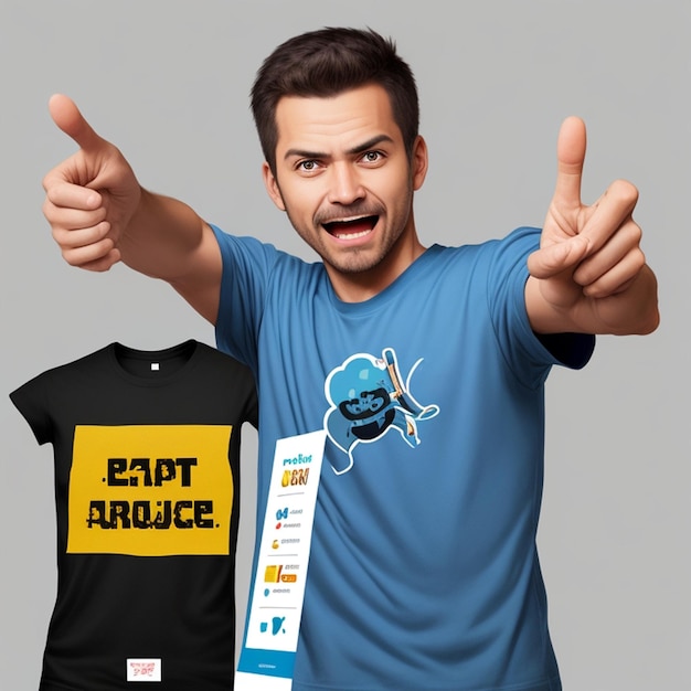 Foto psd-person mit aufgeregtem gesichtsausdruck, die auf ein t-shirt-mockup zeigt