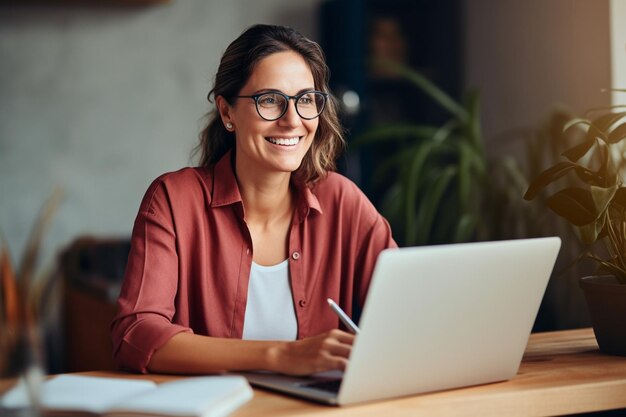 Una psicóloga sonriente y amigable con fotografías mirando la pantalla de una computadora portátil escuchando patentes y escribiendo notas en un psicoterapeuta del portapapeles en una reunión remota de videoconferencia para una sesión de terapia