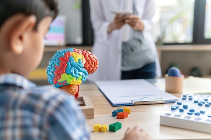 Psicóloga tomando notas sobre um menino autista sentado no escritório durante uma sessão de terapia