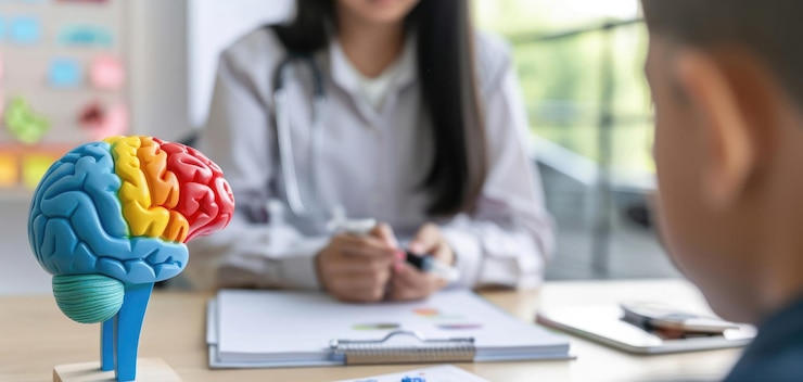 Psicóloga tomando notas sobre um menino autista sentado no escritório durante uma sessão de terapia