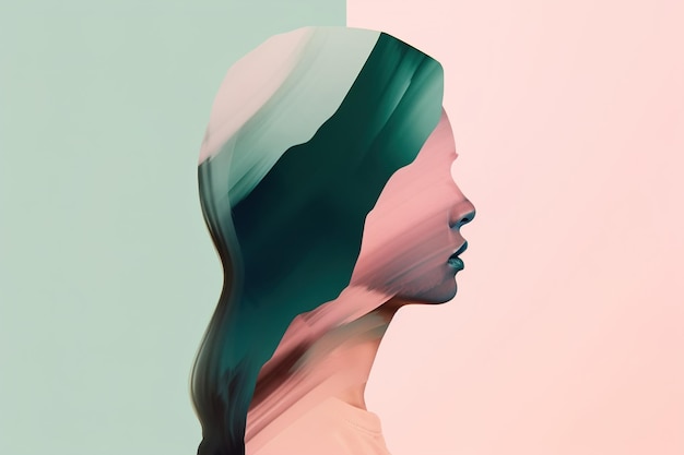 Psicología de la salud mental femenina concepto de feminidad Vista lateral de la ilustración de arte contemporáneo de mujer sin rostro en paleta pastel IA generativa