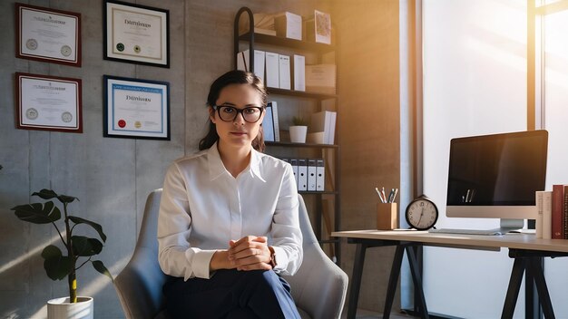 Psicólogo con gafas sentado en una silla en la oficina