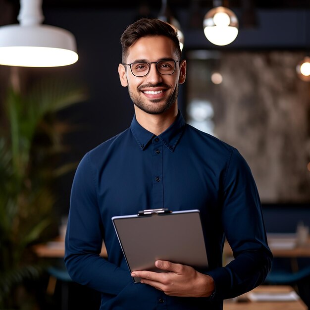 Psicólogo masculino feliz com clipboard