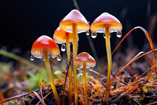 Psilocybe semilanceata wächst auf Moos im Wald unter Regen. Pilze zur Behandlung durch KI generiert