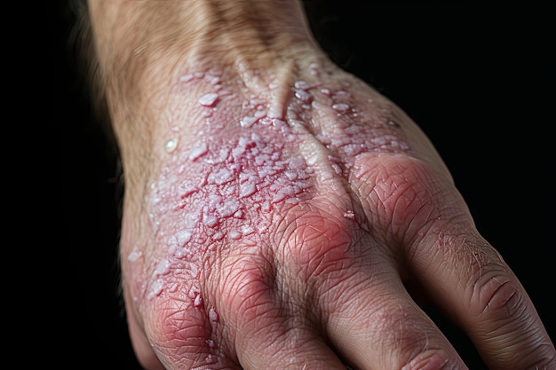 Psoríase vulgaris manchas cutâneas na mão são tipicamente vermelhas, com comichão e escamas Pápulas de psoríase crônica vulgaris no corpo Doença imune genética Detalhe da doença psoriática da pele IA generativa