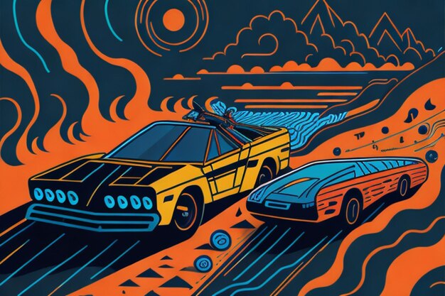 Foto psychedelic space flat cartoon illustration von autos im vibranten vektorstil mit muster in kindern