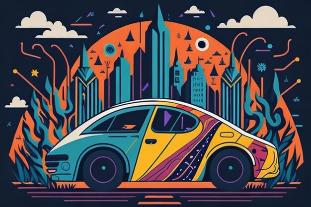 Psychedelic Space Flat Cartoon Illustration von Autos im Vibranten Vektorstil mit Muster in Kindern