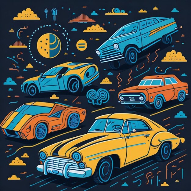 Psychedelic Space Flat Cartoon Illustration von Autos im Vibranten Vektorstil mit Muster in Kindern