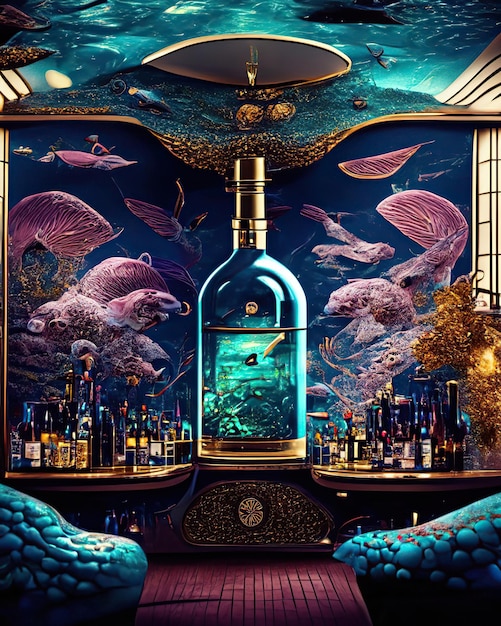 Psychedelische Bar mit einer Auswahl an Weinen und Spirituosen in einer eleganten und surrealen Atmosphäre