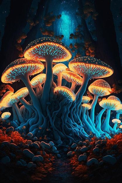 psychedelische biolumineszierende Pilze im dunklen Wald