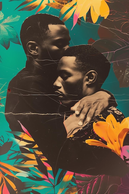 Psychedelische Collage von zwei schwarzen Männern, die sich mit Liebe und Zuneigung umarmen