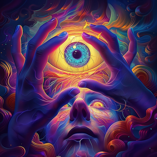 psychedelische Kunst einer Frau mit offenen Augen und Händen in der Luft generative ai