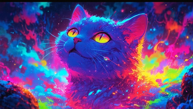 Psychedelische Neon-Katzen-Splash-Kunst