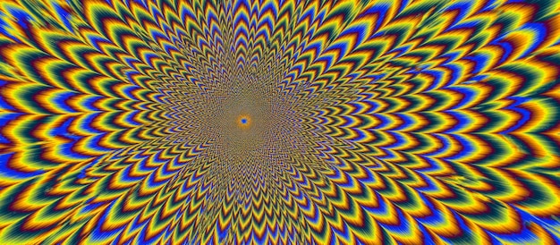 Psychedelische optische Illusion mit lebendigen Regenbogenfarben, die konzentrische Kreise und wellenförmige Linien bilden, die ein hypnotisches und dynamisches visuelles Erlebnis erzeugen.