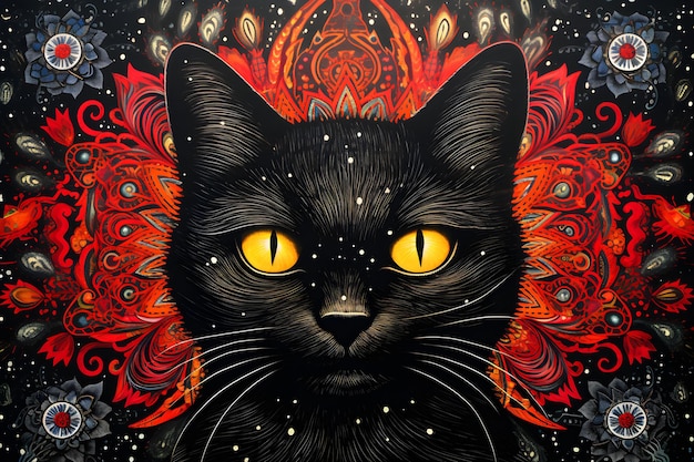 Psychedelische schwarze Katze abstrakte farbenfrohe Illustration