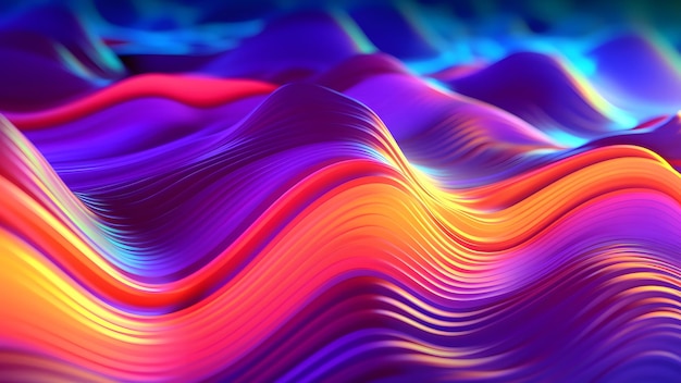 Psychedelischer wellenförmiger Hintergrund mit sauberer, glatter, neonfarbener Kunststoffoberfläche, die ein neuronales Netzwerk erzeugt