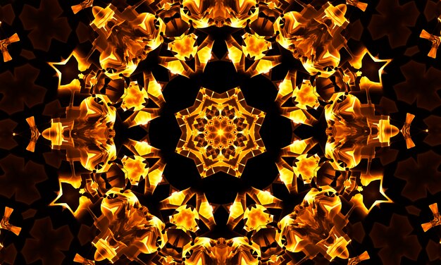 Psychedelisches korallenrotes und lila Kaleidoskop mit gelben Spiralen. Optische Expansionsillusion