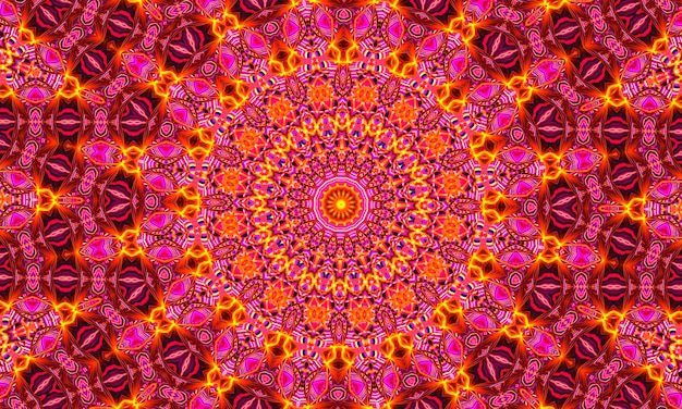 Psychedelisches korallenrotes und lila Kaleidoskop mit gelben Spiralen. Optische Expansionsillusion