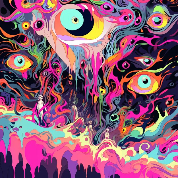 Foto psychedelisches poster mit fantastischen landschaften und mystischen charakteren