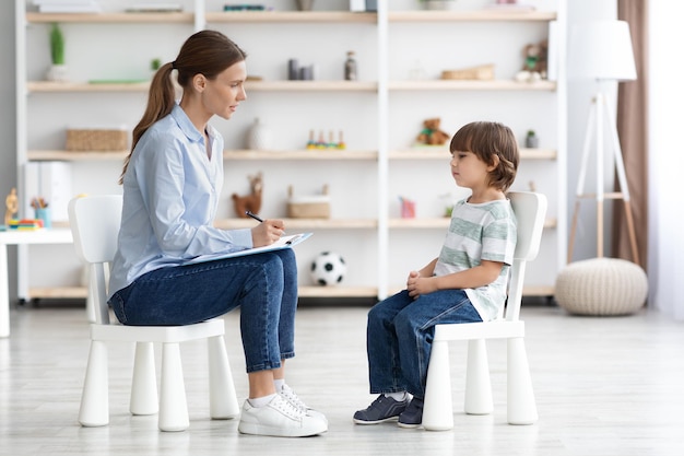 Psychologische Beratung für Kinder Seitenansicht einer professionellen Psychotherapeutin im Sitzen