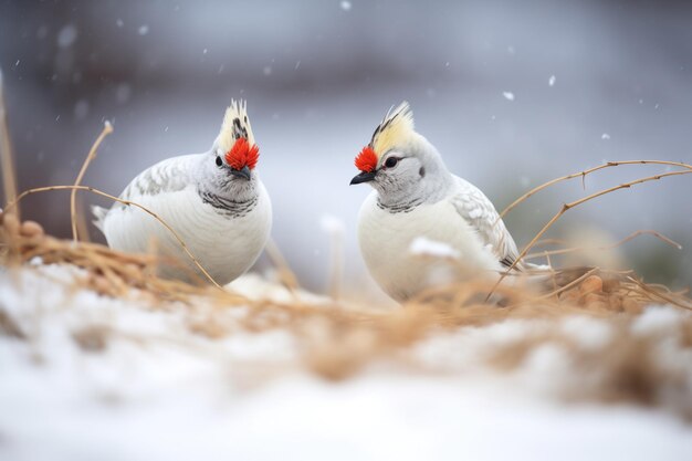 Foto ptarmigan poeirado de neve picando sementes