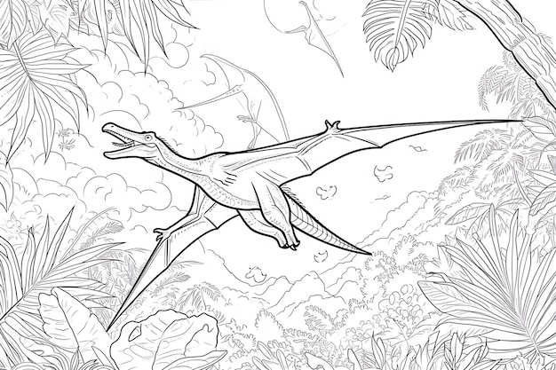 Foto pteranodon dinosaurio negro blanco lineal doodles arte de línea página de colorear libro de colorear para niños