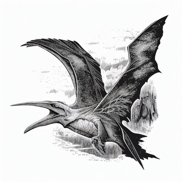 Pterodáctilo animal pré-histórico voando no céu, ilustração em preto e branco, estilo de gravação