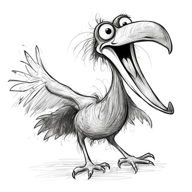 Foto pterodáctilo esboço doodle crow fun toucan scribble bird monster rook desenhado à mão esboçado marabou personagem com dentes grandes e um bico enorme ilustração de ia generativa