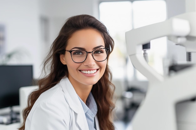 Óptica de mulher em um laboratório olhando e sorrindo para a câmera