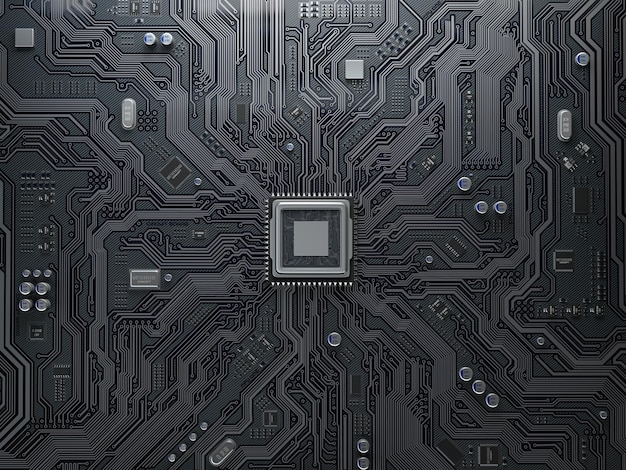 Foto pu-chip auf der platine schwarzes motherboard mit zentralem prozessorchip computer-hardware-technologie