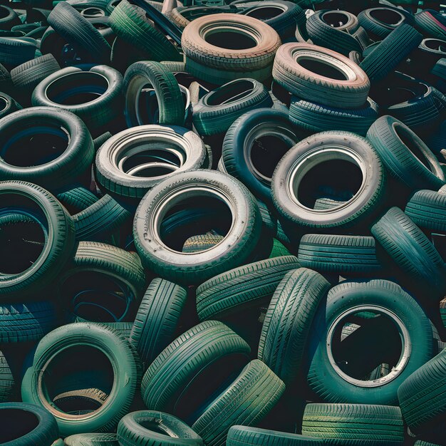 Foto publicar una pila de neumáticos de goma usados concepto ambiental de vertedero de neumáticos para las redes sociales