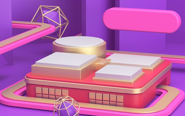 Publicidad en 3D con podio de maqueta rosa sobre fondo claro para banner