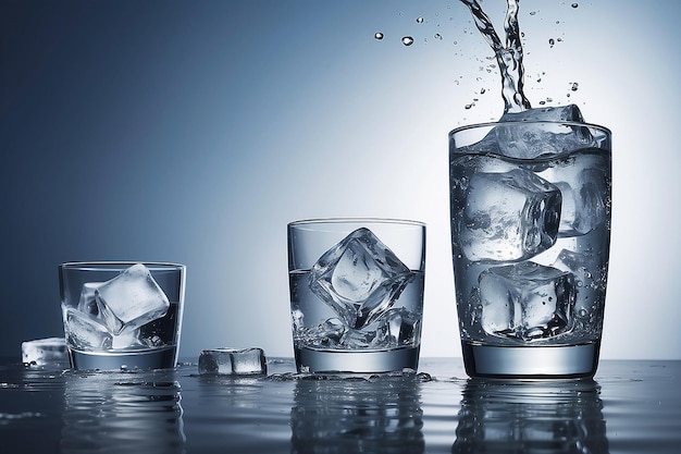 Publicidad de agua con vidrio y hielo