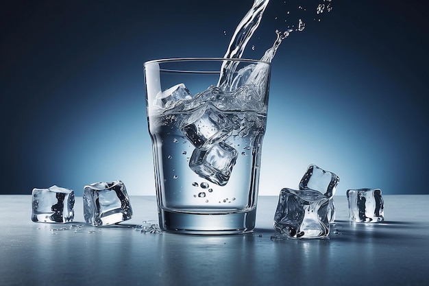 Publicidad de agua con vidrio y hielo