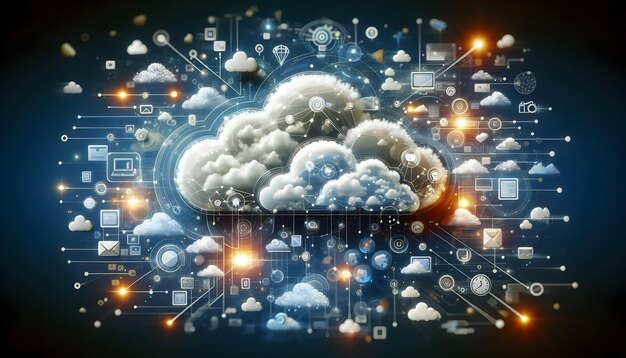 para publicidad y banner como Cloud Fusion Los elementos de la nube se fusionan para simbolizar la integración