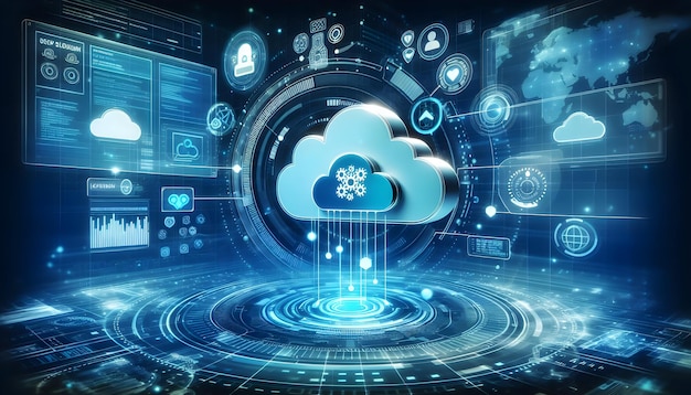 para publicidad y banner como Cyber Cloud Un gráfico de nube con temática cibernética hace hincapié en el almacenamiento seguro de datos