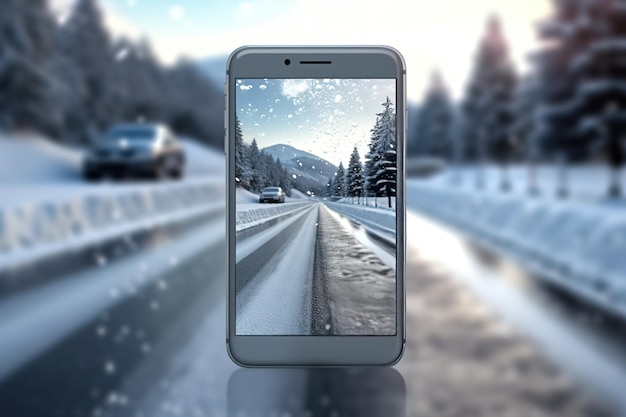 Publicidad de un camino cubierto de nieve un camino cubierto de nieve en un teléfono aisladoIA generativa
