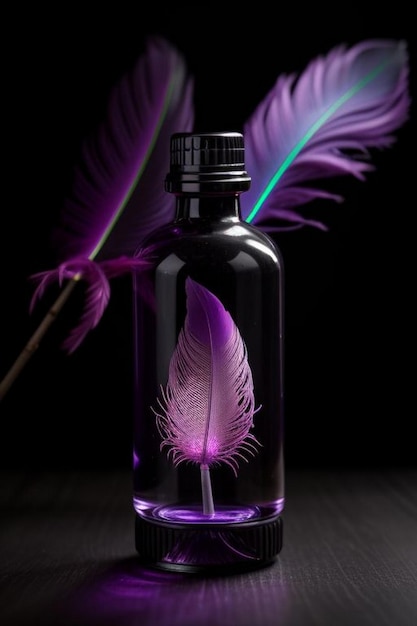 Publicidad de cosméticos o productos para el cuidado de la piel con un frasco púrpura sobre un fondo púrpura