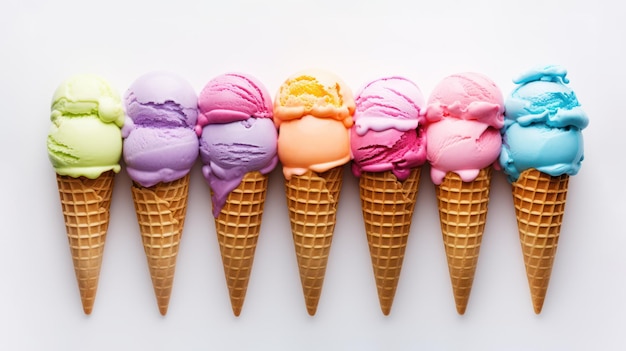 La publicidad disparó bolas de helado multicolores en conos en una fila en una vista superior aislada en bg claro