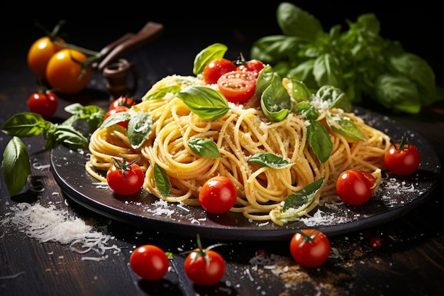 Publicidad de espagueti napoli con queso parmesano, plato italiano tradicional