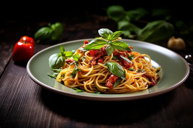 Publicidad de espagueti napoli con queso parmesano, plato italiano tradicional