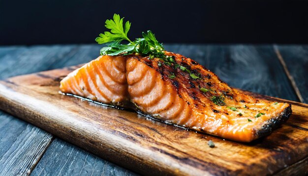 Publicidad de fotografías de alimentos de salmón de cedro a la parrilla con verduras