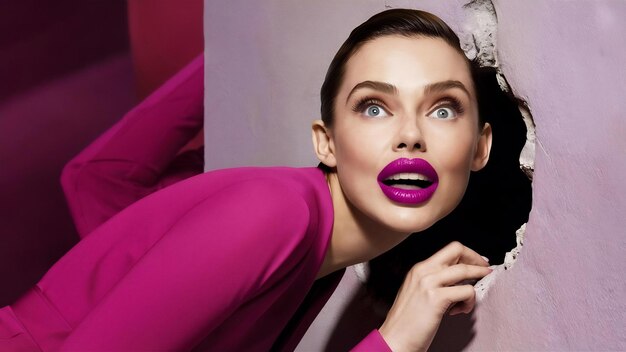 Publicidad hermosos labios gordos de color rosa brillante mujer mira en el agujero