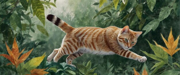 para publicidad y pancarta como Tabby Tumble Un gato tabby jugoso cayendo entre las hojas de acuarela