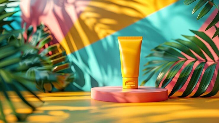 Publicidad de productos de verano con una pancarta de protección solar con un tubo amarillo