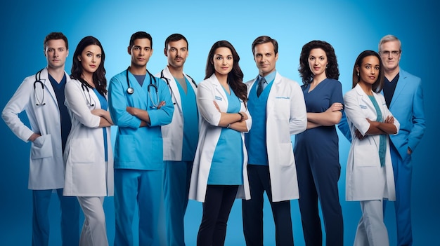 Publicidad Retrato de un equipo de farmacéuticos de pie juntos en fondo blanco y azul ba