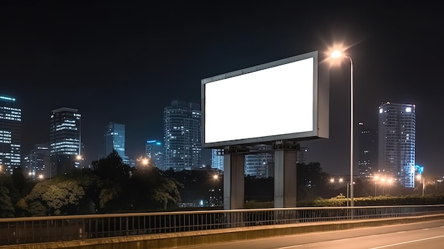 Publicidad simulacro de cartelera en blanco en la noche con luz de calle con espacio de copia para cartelera de información pública en blanco para cartel publicitario al aire libre