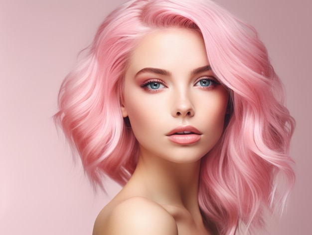 publicidade cuidados com a pele mulher bonita modelo cabelo rosa vibrante no estilo de beleza